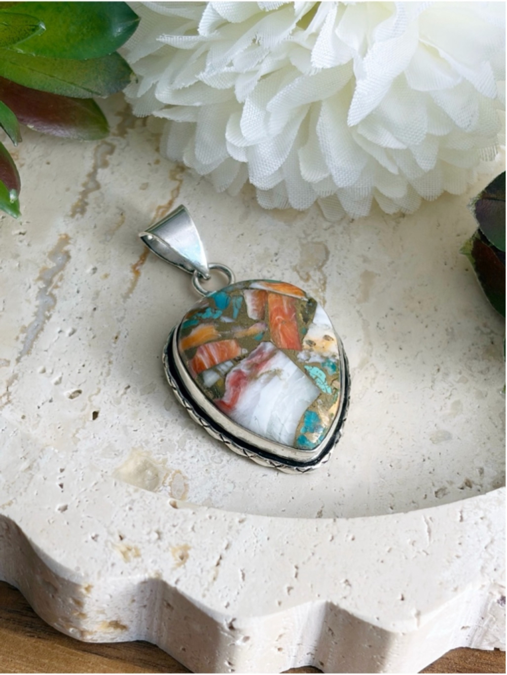 Southwest Oyster Turquoise Pendant Pear Sterling Silver 925 Overlay Handmade New - Picture 3 of 7